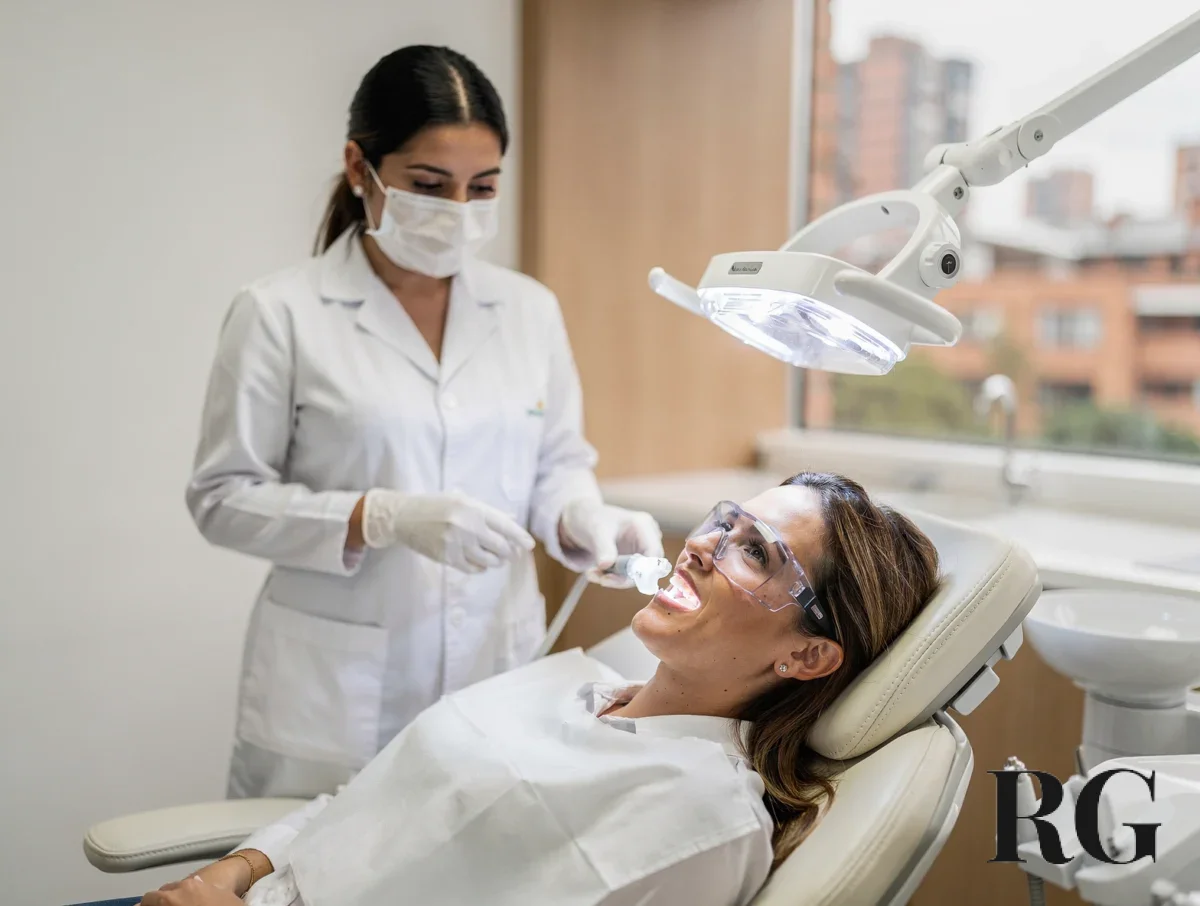 Paciente recibiendo blanqueamiento dental en Parque de la 93 bajo una lámpara clínica mientras el odontólogo controla la exposición