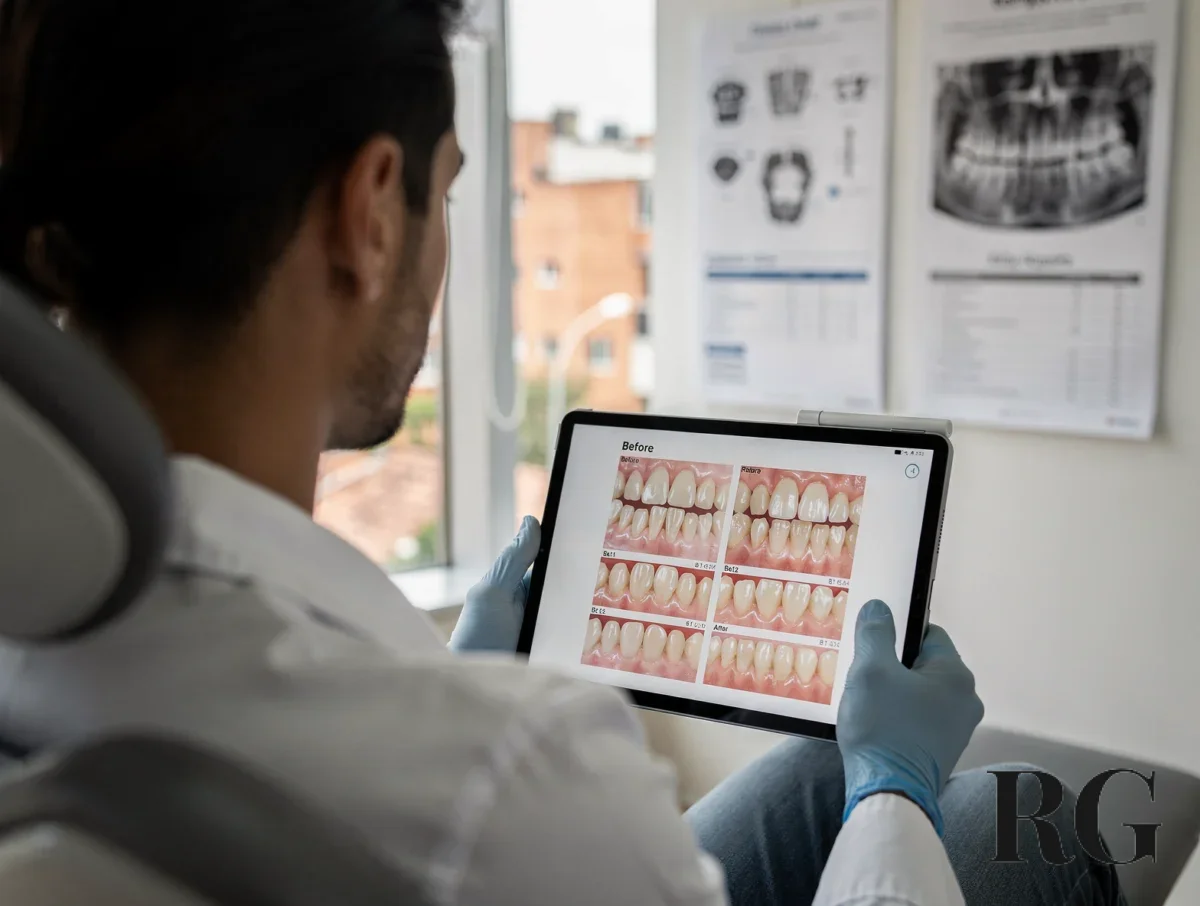 Odontólogo explicando opciones de tono dental a una paciente en consulta