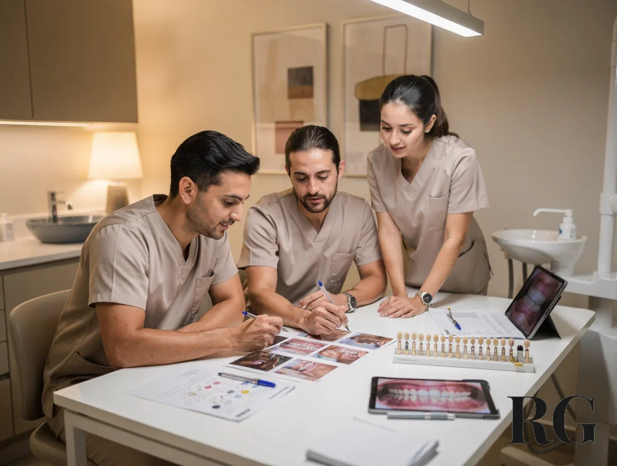 Equipo odontológico revisando un plan de tratamiento en un consultorio de Chapinero