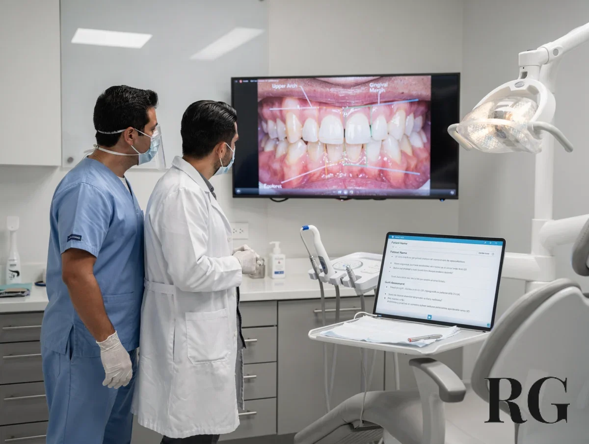 Equipo odontológico evaluando encías y proporciones dentales en consulta