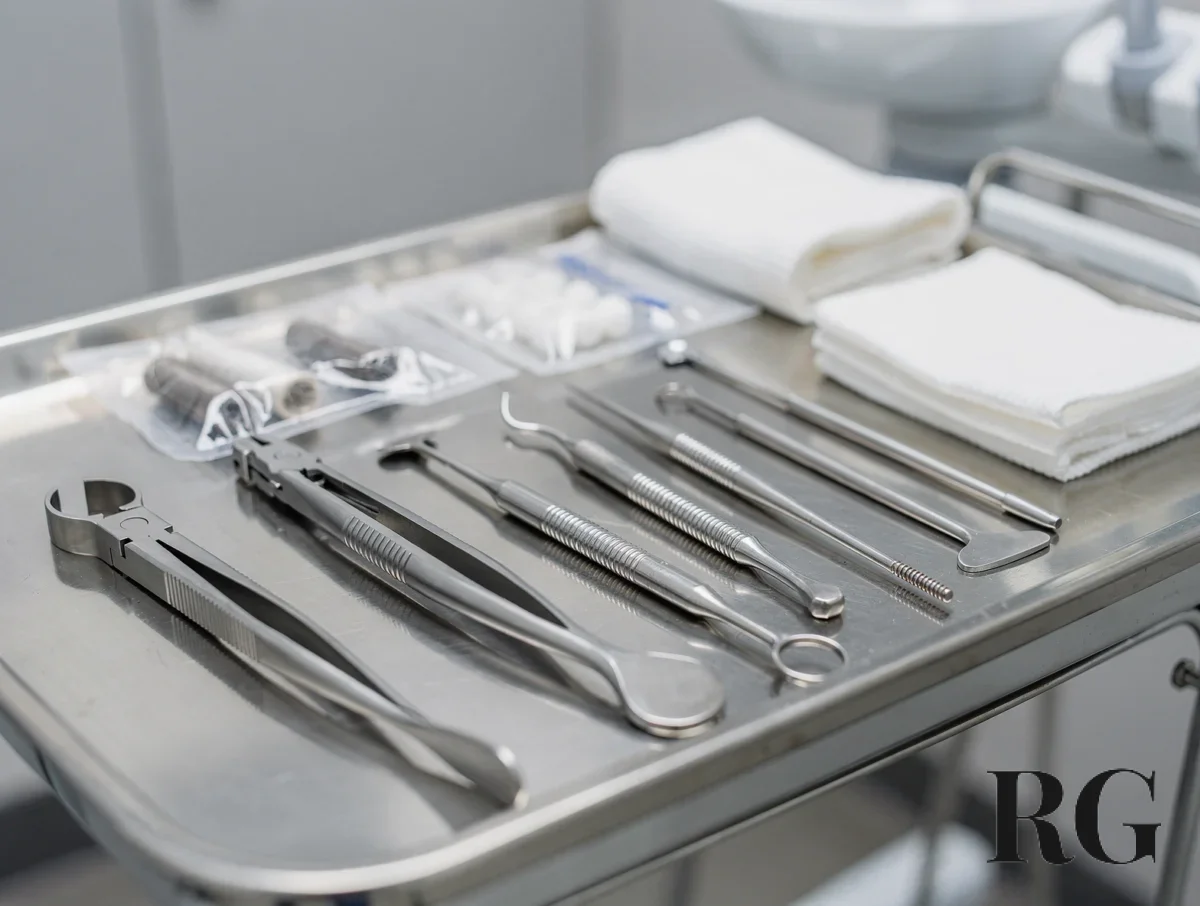 Instrumental quirúrgico listo sobre una bandeja metálica en un consultorio dental
