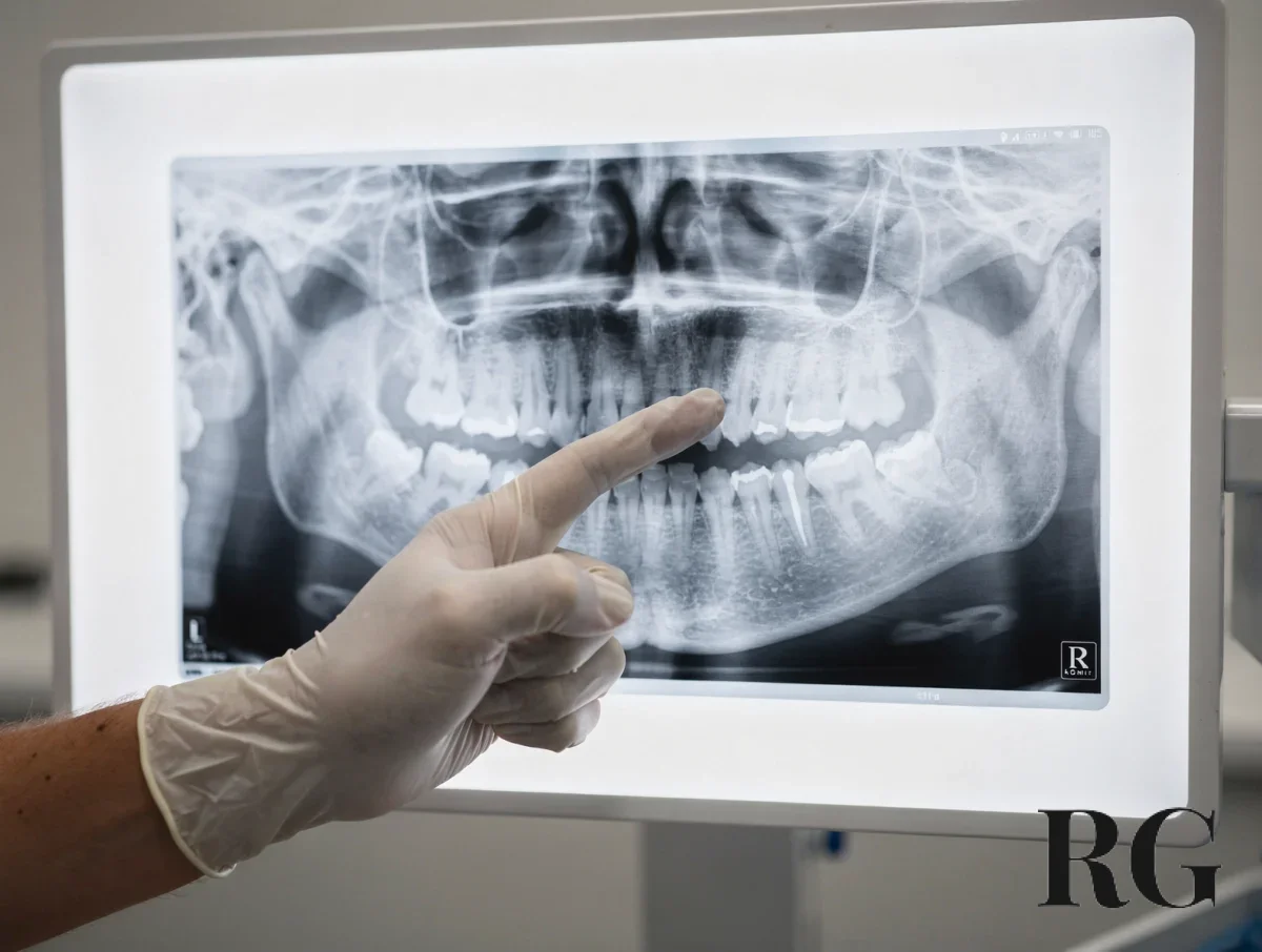 Radiografía dental revisada antes de la cirugía en el consultorio.