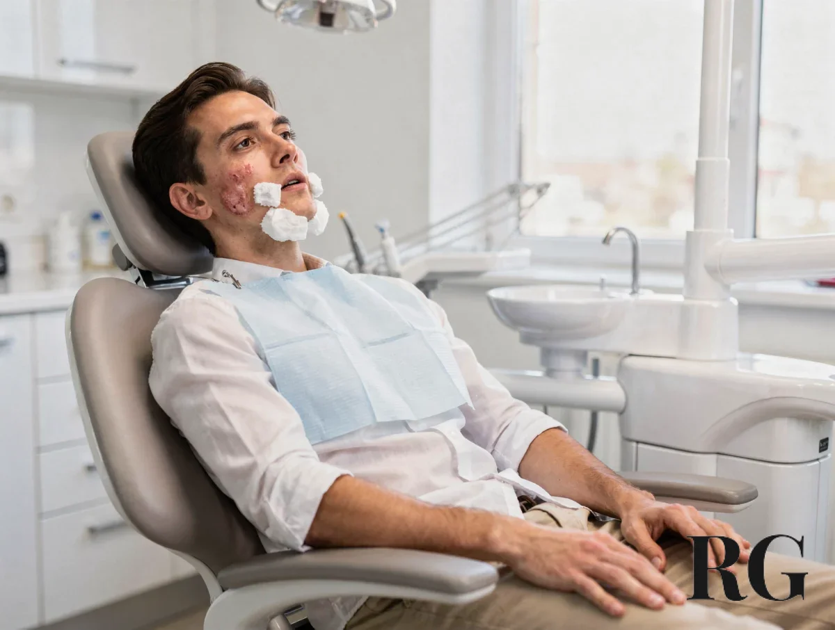 Patient recovering after extracción de cordales en El Nogal with gauze and ice pack in a bright dental chair.