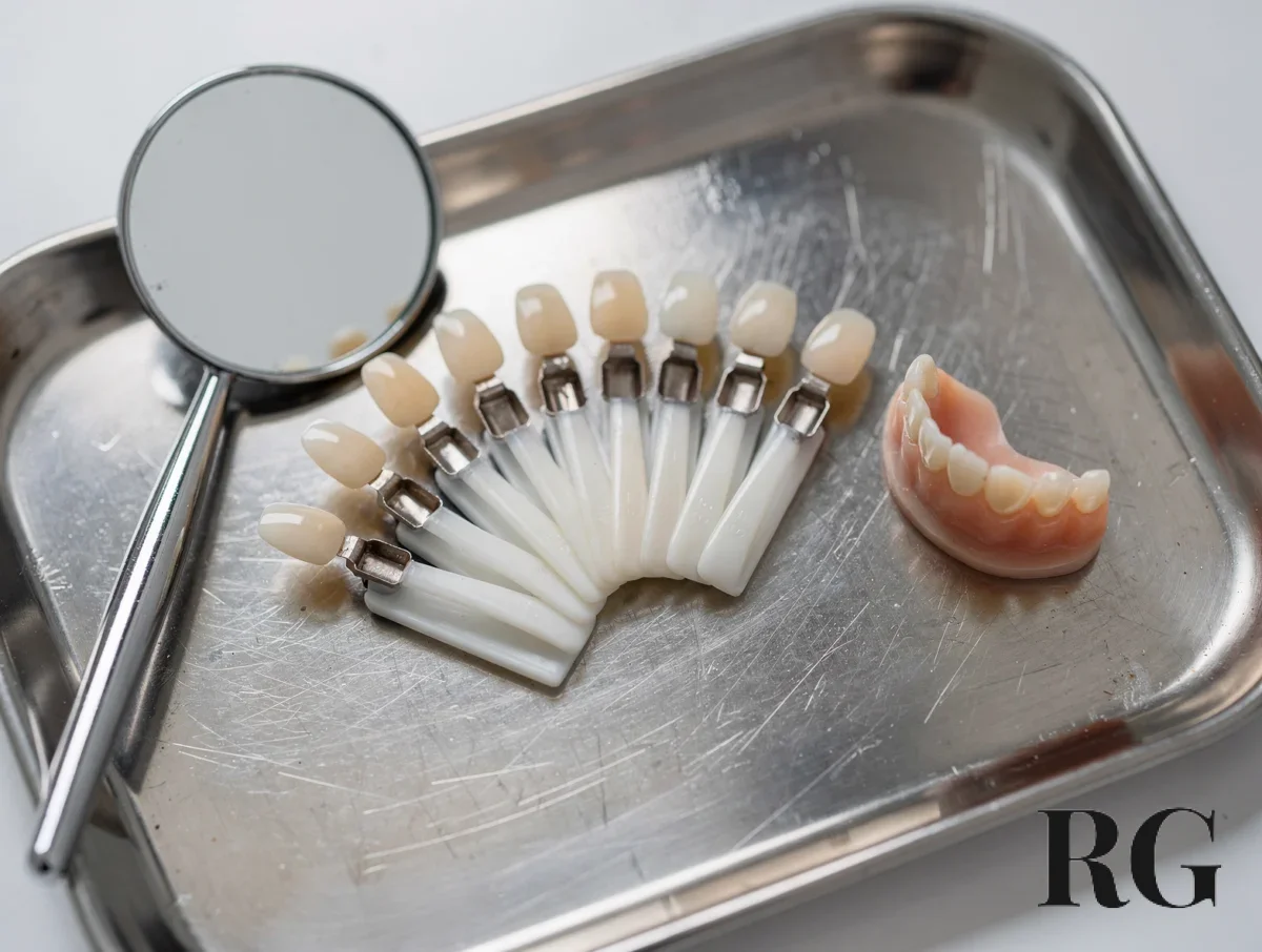 Guía de color y mock-up dental sobre bandeja clínica