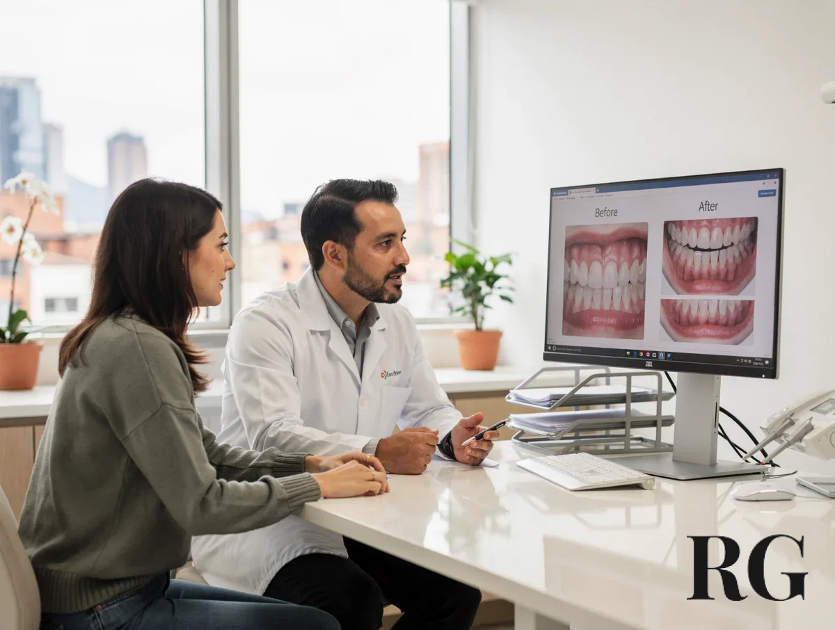 Paciente revisando Odontología Estética en Antiguo Country con el odontólogo frente a un monitor clínico