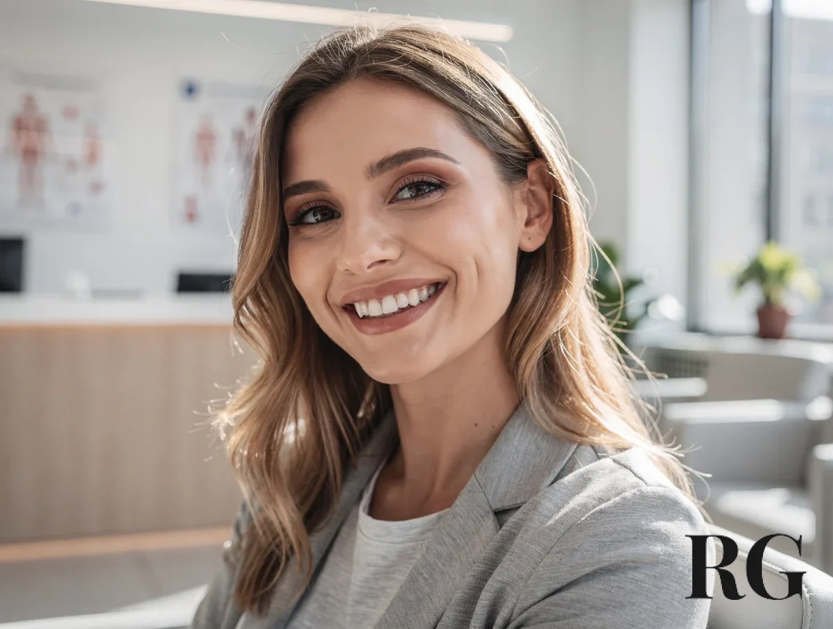 Paciente sonriente después de una valoración estética en un consultorio moderno