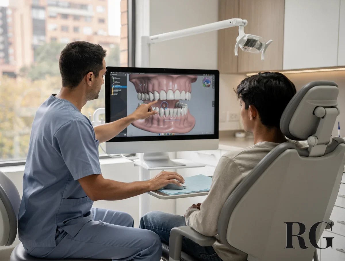 Ortodoncia en Los Rosales: dentista y paciente revisando un escaneo digital en consulta moderna