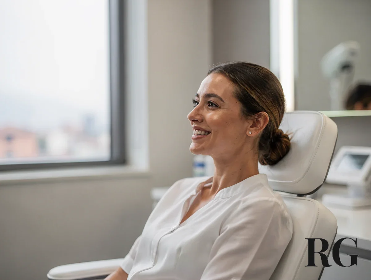 Paciente sonriendo después del tratamiento en un consultorio luminoso