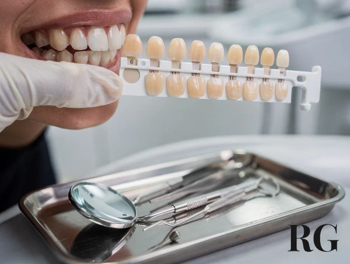 Shade matching tools beside a dental mirror during a consultation