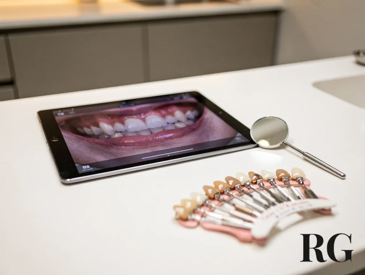 Tablet preview for micro diseño de sonrisa en La Cabrera beside a shade guide